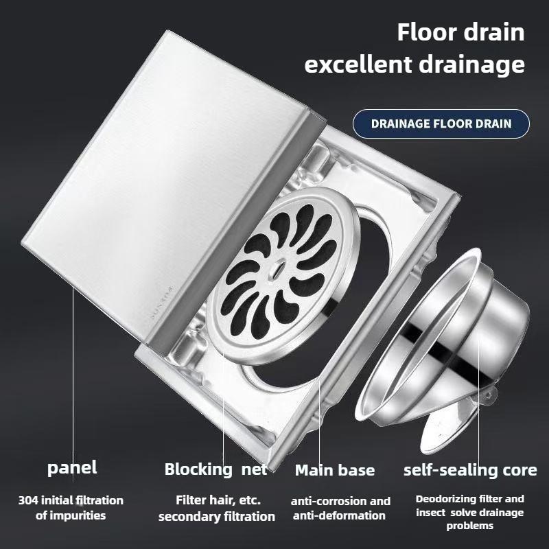 Large Flow Drainer with Base 304 Stainless Steel Hidden Square Bathroom Toilet Drainage Anti-odor Floor Drain