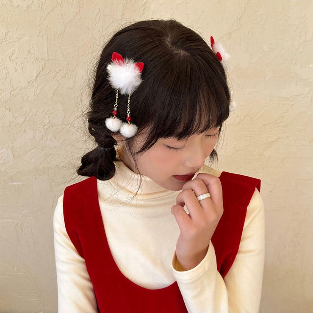 Tassel Children Wig Hairpin Flower Red Bow Hairpin Lovely Chinese New Year Headwear  Baby