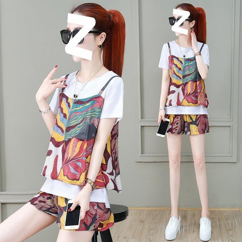 Letnia Damska Luźna Koszula Plus Size Kwiatowa Modna Dopasowana Garnitur Krótkie Rękawy Spodenki Dwuczęściowy Zestaw