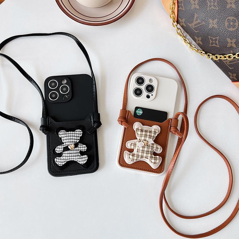 Plaid Bear Card Holder Wallet Phone Case for IPhone16 Crossbody Cord 14 for Apple 13 Anti-fall 12 Women's Soft