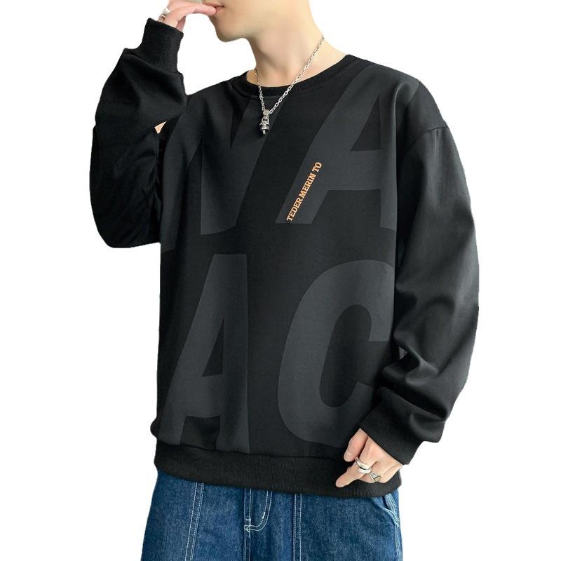 Herren Frühling und Herbst Neues Unterhemd Langarm T-Shirt Rundhalsausschnitt Bedruckt Übergröße Herren Top