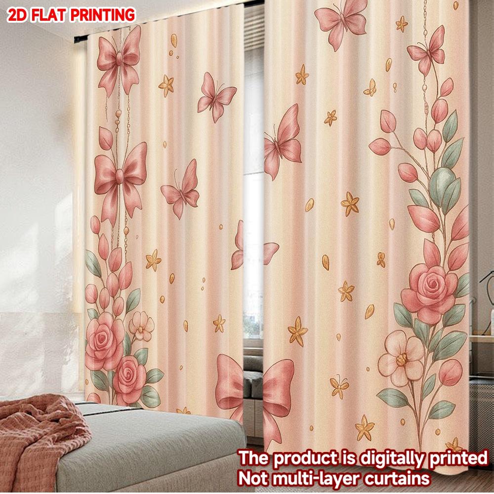 

Set Of 2 Pink Butterfly Bow Curtains Digital Printing Romantic Floral Stars Pattern Light Background Girls Bedroom Decor Curtain Polyester Ideal For W100*H70(CM)-Grommet top&1PCS