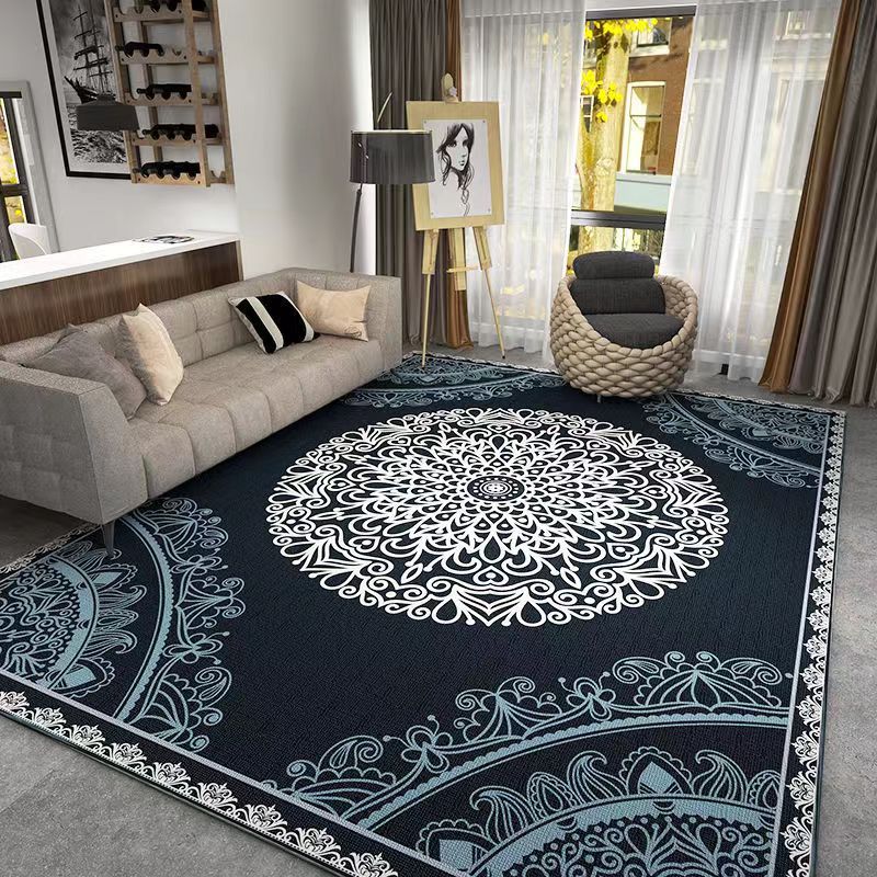 Persian Style Area Rugs Intricate Medallion Design Blue Black Beige Colors for Elegant Living Room Decor