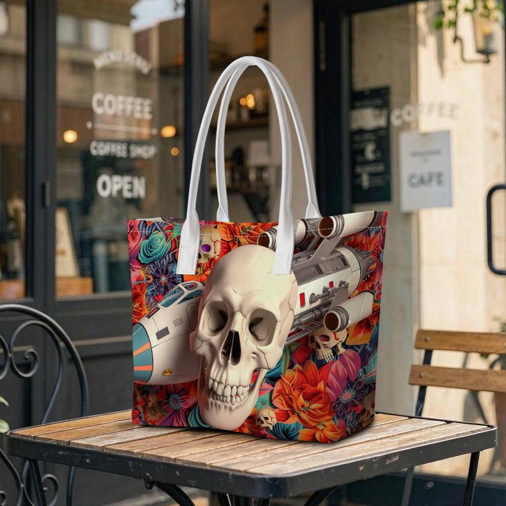 Skull Rocket Floral Fashion Shoulder Bag Cool Trendy Street Daily Tote Bag Unique Casual Grocery Bag