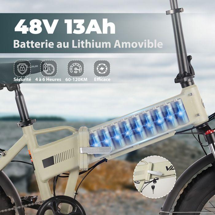 Bicicletta elettrica VARUN S20-1 - Batteria 48 V 13 Ah - Autonomia di 100 km - Con sospensione anteriore - pieghevole 20 pollici - Pneumatici larghi