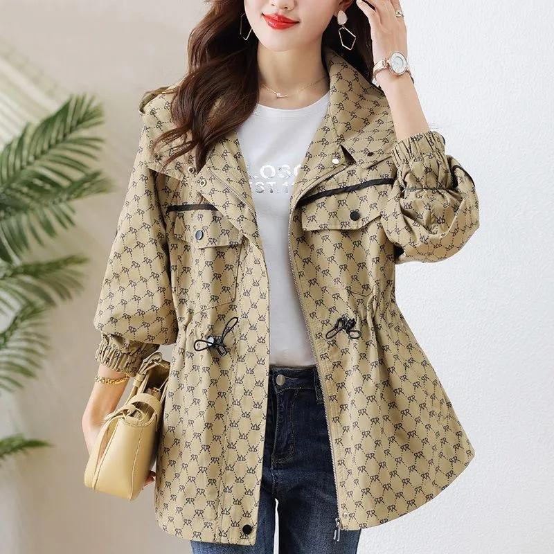 Women Loose Temperament Fashion Print Trench Coat Spring Autumn Korean Casual Hooded Windbreaker Female Outcoat