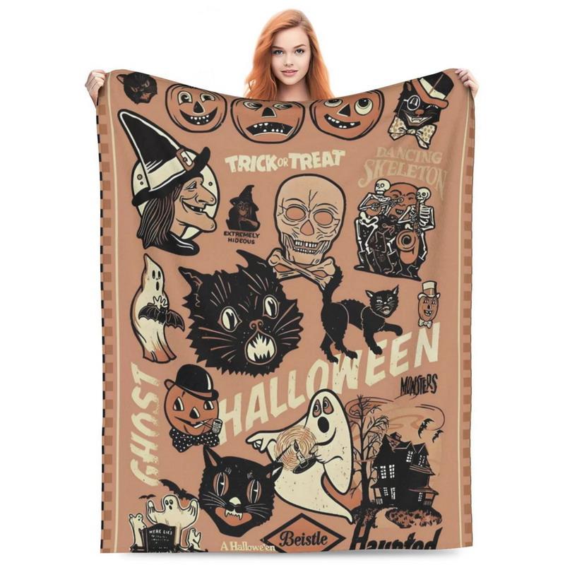 Gruseliges Halloween-Print-Kuscheldecke | Rundum-Design mit Kürbis, Fledermaus & Hexenhut auf gemütlichem Flanell Verschiedener Stil