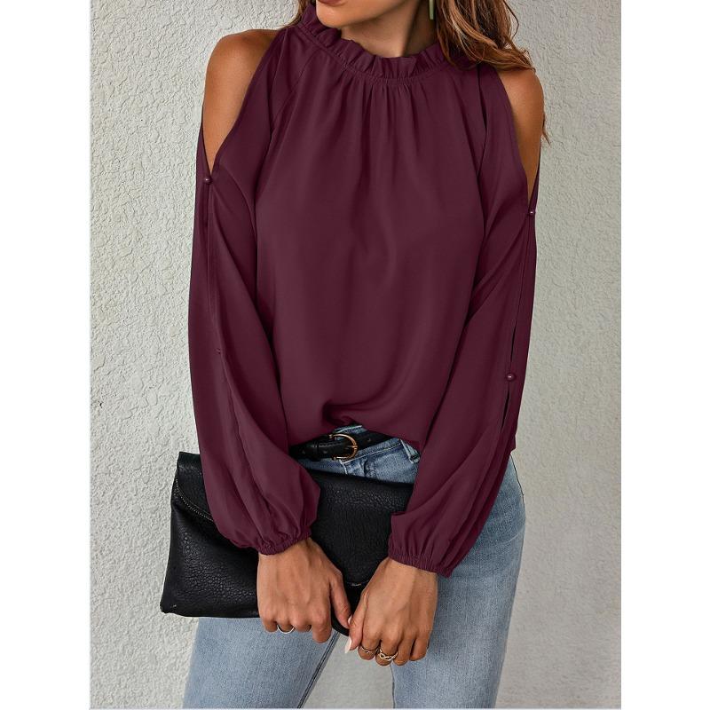 IHUASU Women's Fashion Casual Solid Color Print Long Sleeve O-Neck  Blouses & Shirts