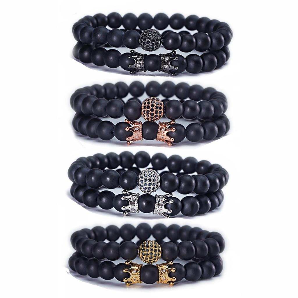 Newest Selling 2PCS Beads Natural Lava Stone Bracelets for Women Micro Pave Cz Ball Charms Bracelet Jewelry