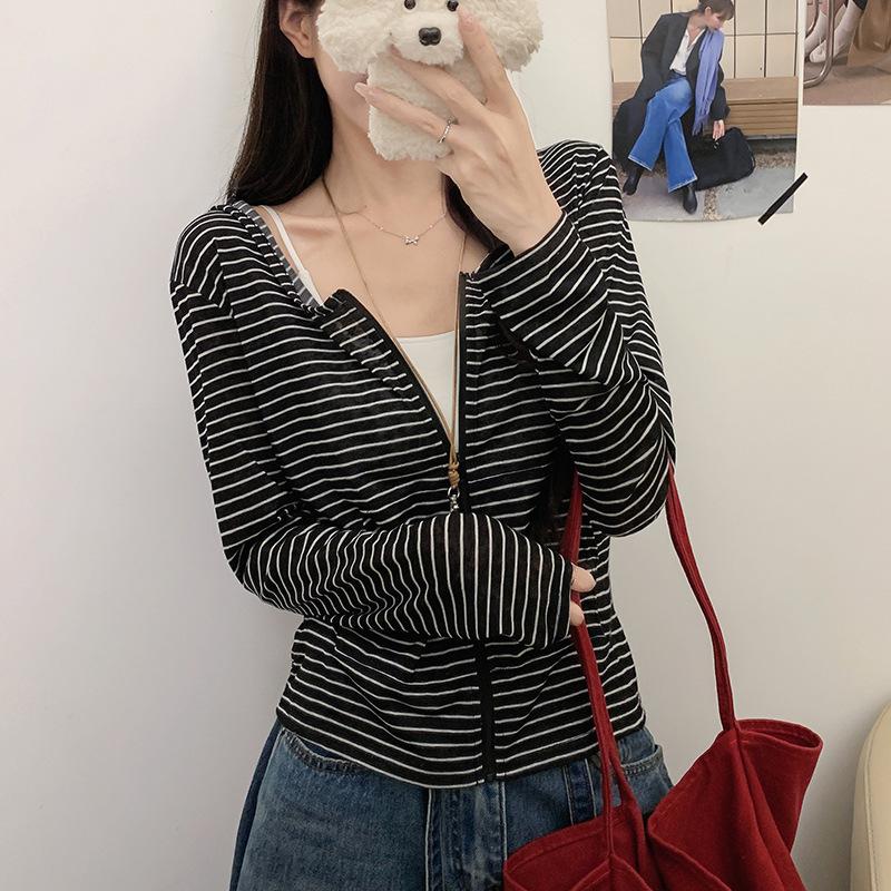 Women S Color Block Striped Hooded Thin Zip Up Short Casual Sun Protection Jacket S чёрный