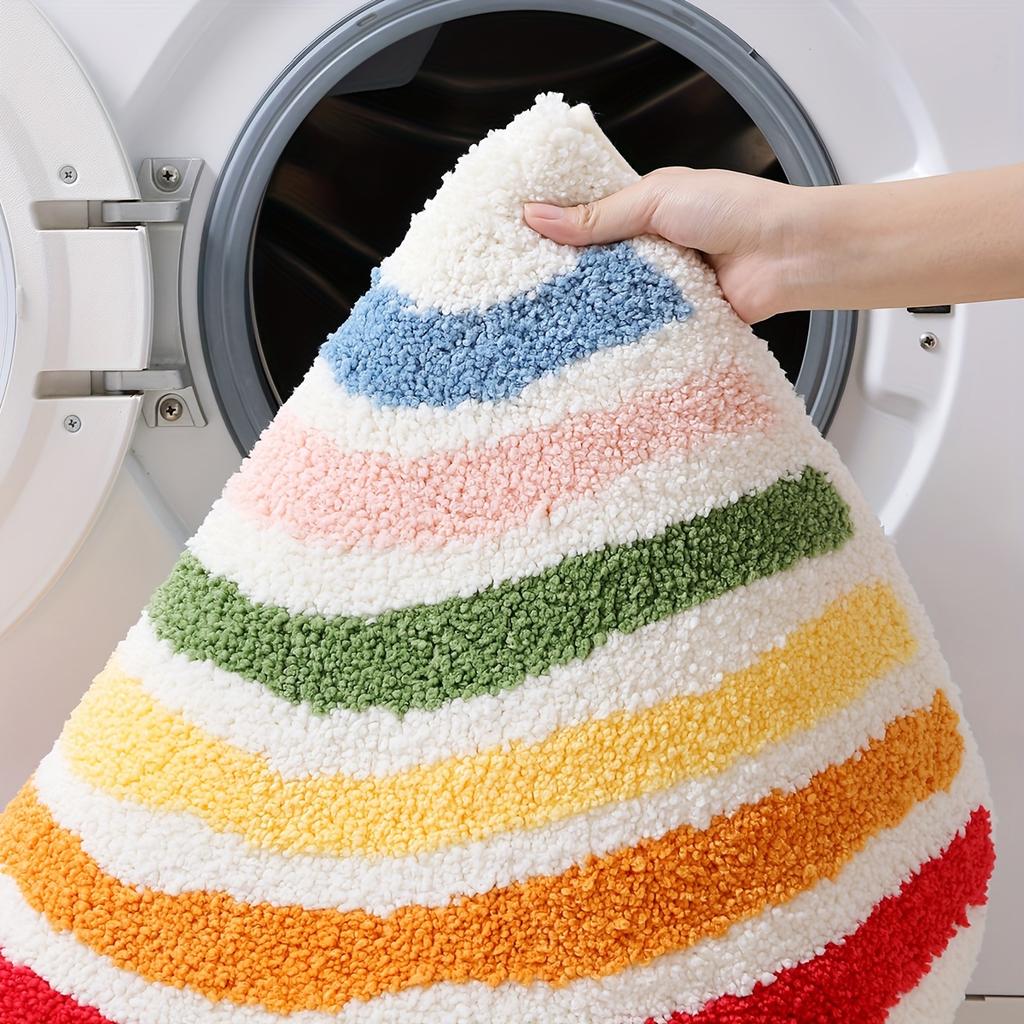 Fluffy Rainbow Bath Rug, Semicircular Polyester Knit Fabric Bath Mat, Absorbent Bathroom Carpet, Fluffy Plush Winter Decor Decoration