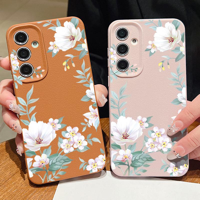 Flowers Case For Samsung Galaxy A56 A55 A54 A16 A36 A25 A15 A34 5G S25 S24 S23 Ultra Plus S24 FE Leather Texture Silicone Cover