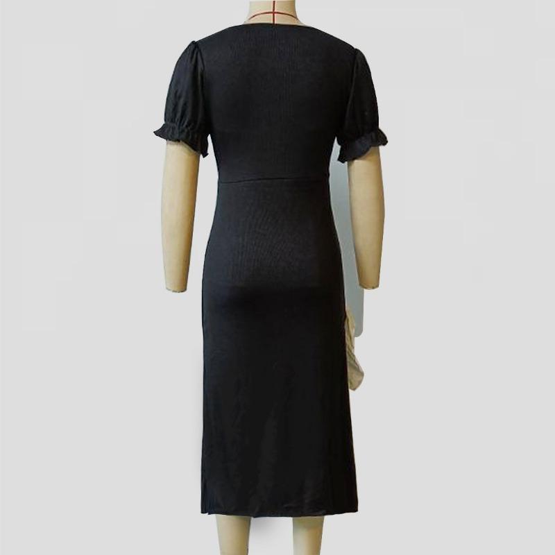 Women's Temperament Retro Design Slit Thin Irregular Color Patchwork Square Collar Dress