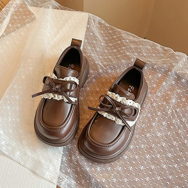 Children's British-style solid color leather shoes2026New Spring and Summer Girls' Lace Bow Performance Shoes