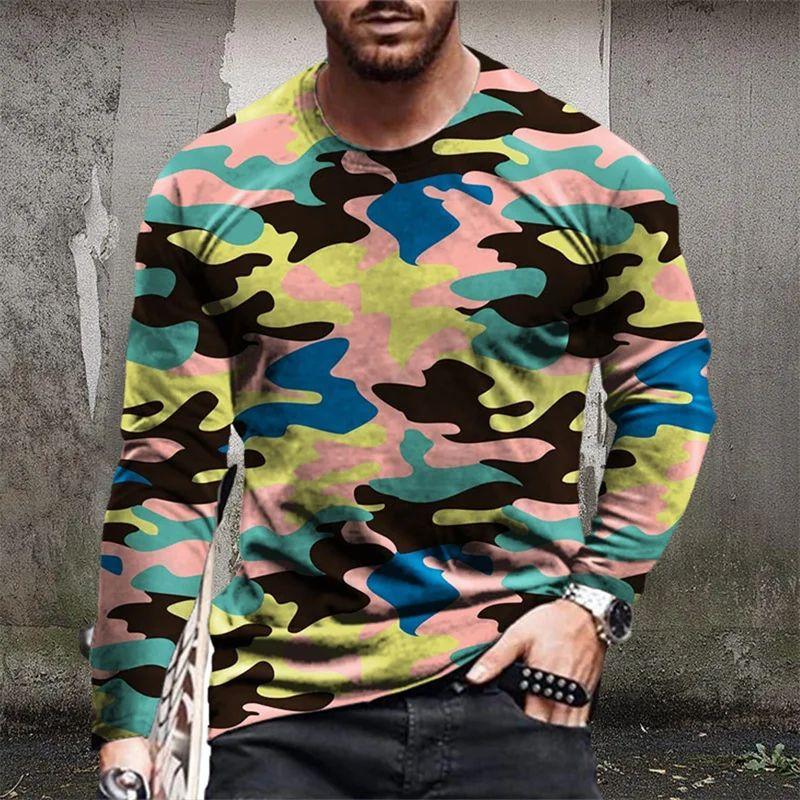 Men's Fashion 3d Printing Street Personality Camouflage Clothing Long Sleeve O Collar Trend Comfortable Breathable Top Clothing