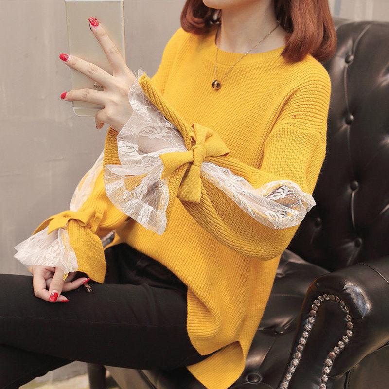 Long Sleeved Lace Patchwork Round Neck Sweater for Women Loose Fitting Solid Color Knit Sweater Top for Autumn and Winter