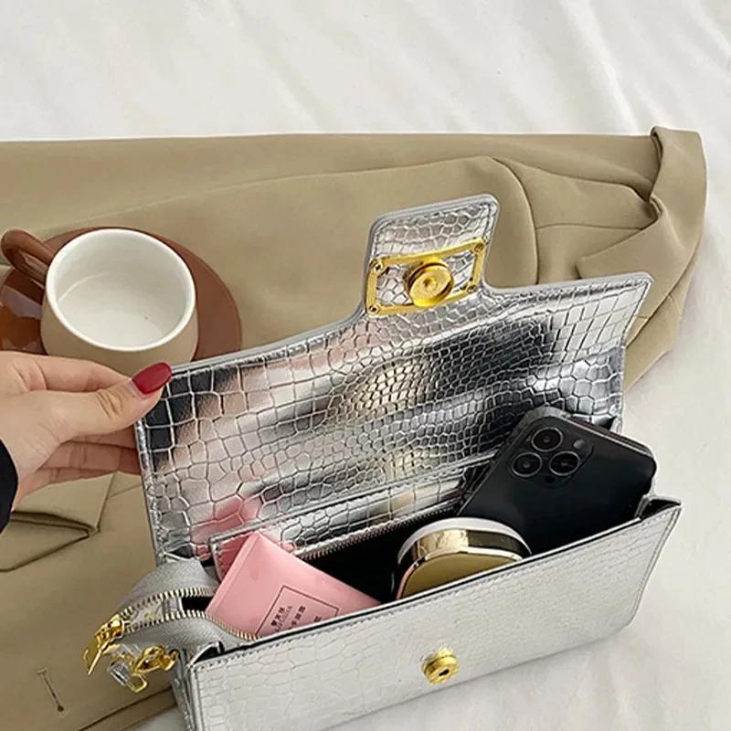 Luxury Patent Leather Crocodile Stone Pattern Ladies Shoulder Bag Retro Hardware Fashion Handbag Leopard Metal