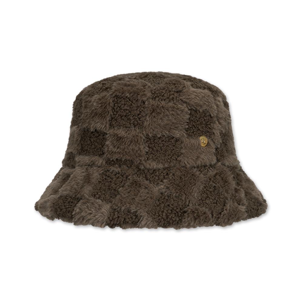 ULUK Circle-Decorated Check Fur Boucle Bucket Hat_Brown