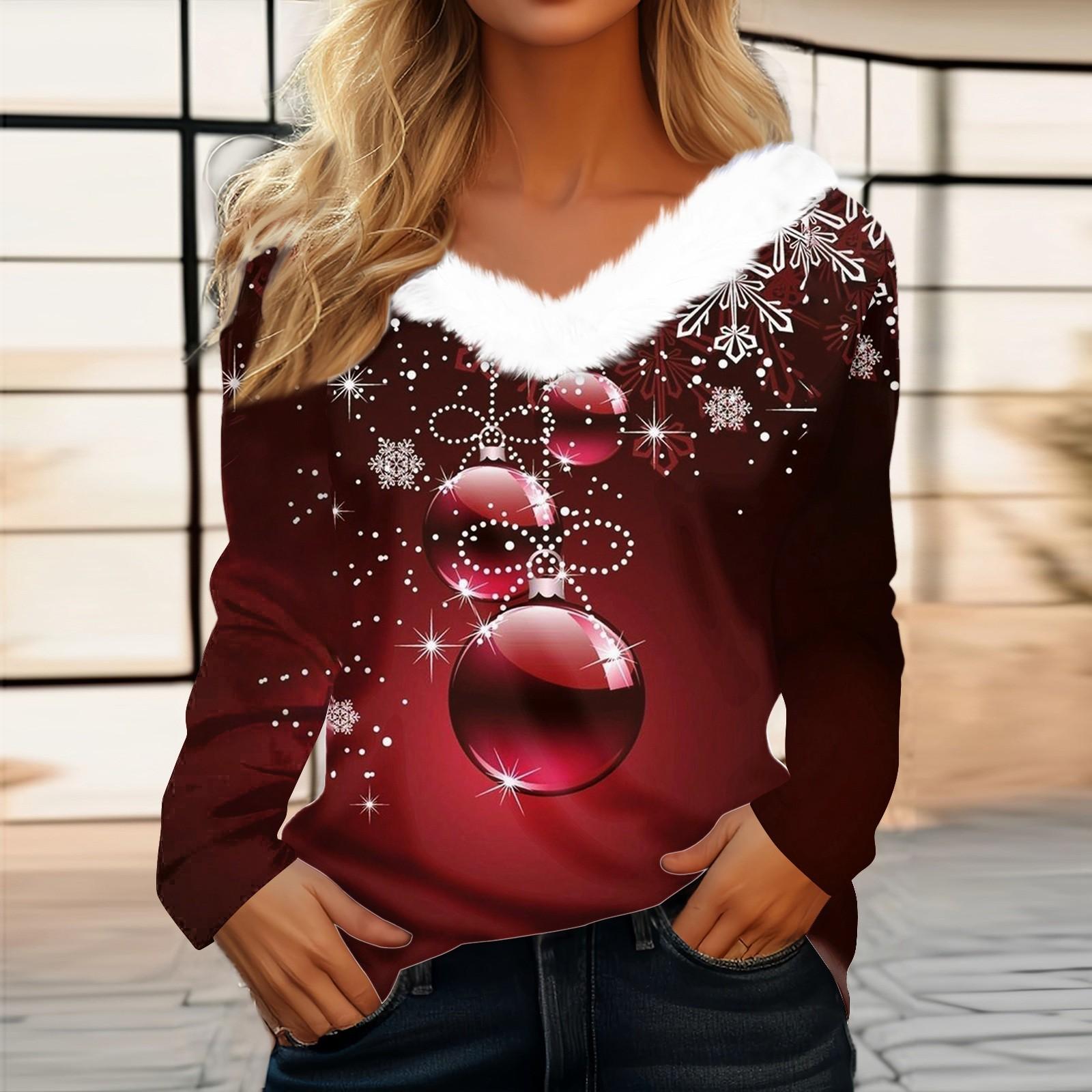 

Женская мода с длинным рукавом для вечеринки, повседневный плюшевый воротник с рождественским принтом и v-образным вырезом, топ S