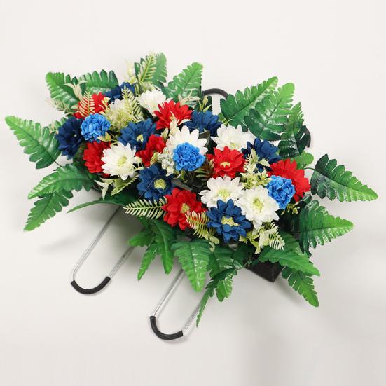 Kunstig Mors Dag Blomst til Kirkegård UV-bestandig Rød Hvid Blå Patriotisk Vildblomster Buket til Veterans Dag Gravsted Gravsten Dekoration