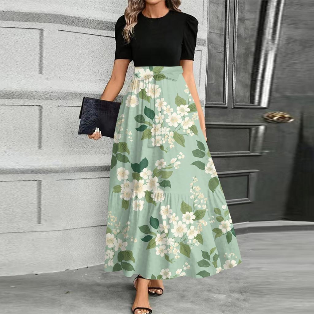 Damen Modisches Lässiges Gürtel Kurzärmeliges Rundhals Print Elegantes Temperament Kleid