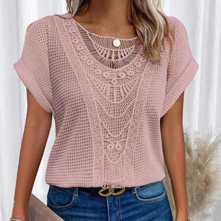Women Casual Summer Short Sleeve Crew Neck Lace Splicing Top Tshirt