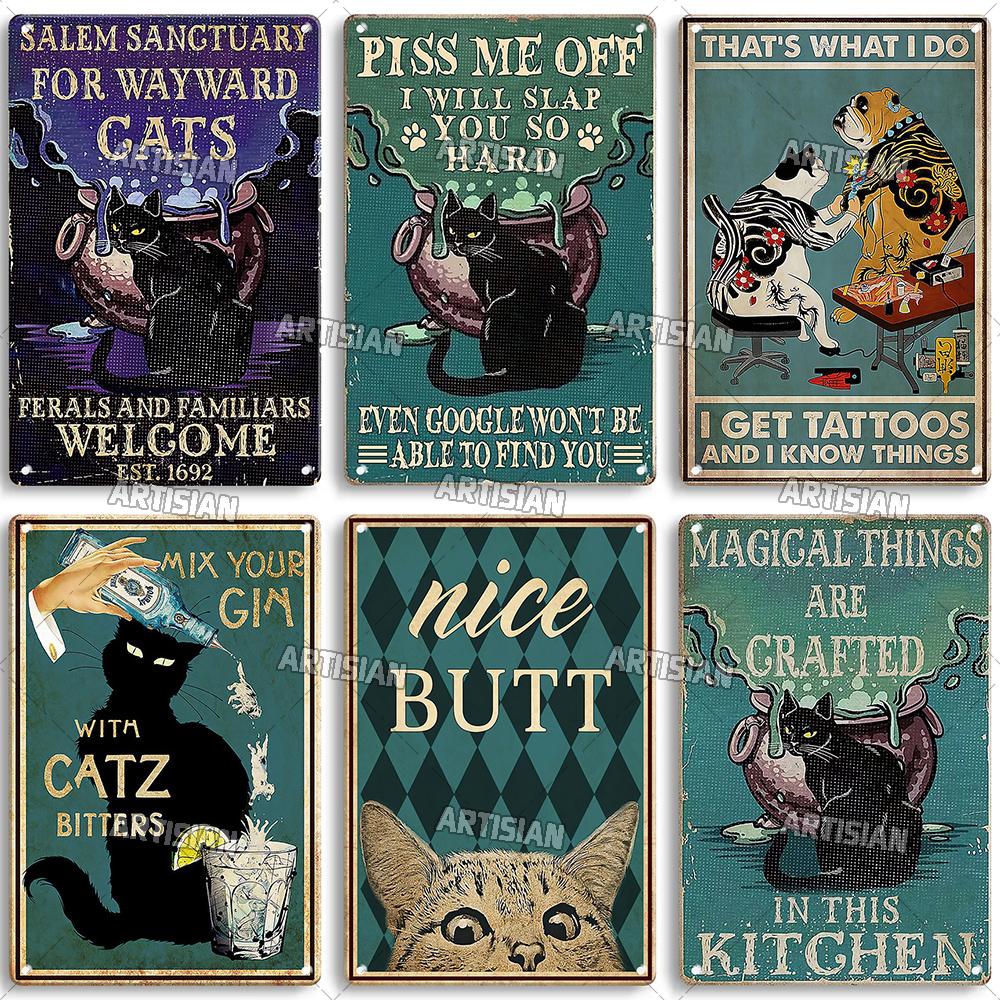 Artisan Halloween Katze Metallschild Salem Sanctuary für heimatlose Katzen Dekorative Blechplatte Wanddeko Garage Bar Pub Club Küche