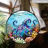 2D Flat Stained Glass Octopus Ocean Theme Window Decoration, 7.87inches The Blue Octopus in The Coral Design Colored Glass Plate with Chain, Summer