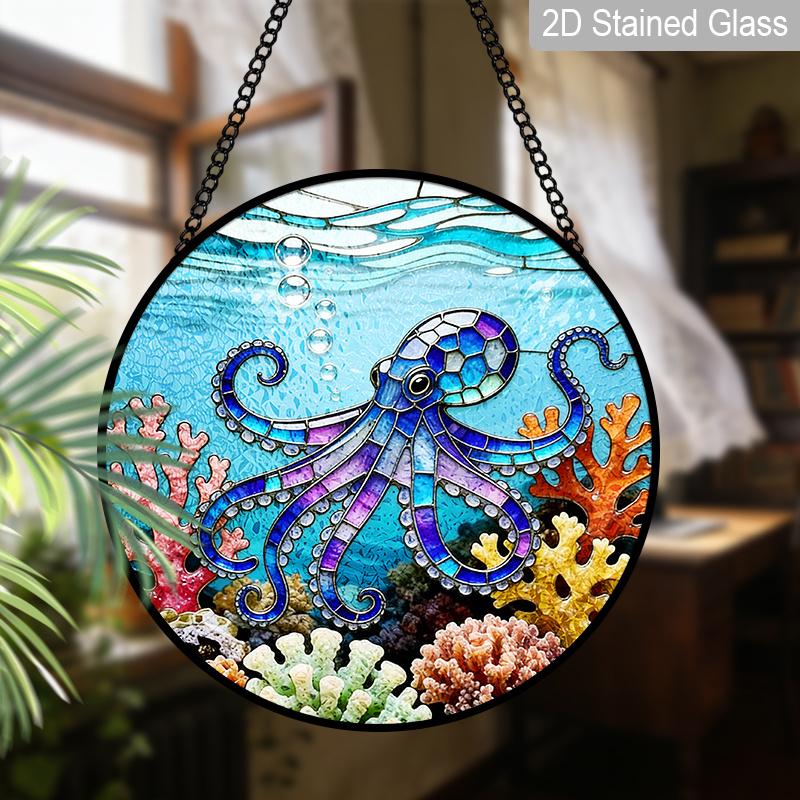 2D Flat Stained Glass Octopus Ocean Theme Window Decoration, 7.87inches The Blue Octopus in The Coral Design Colored Glass Plate with Chain, Summer