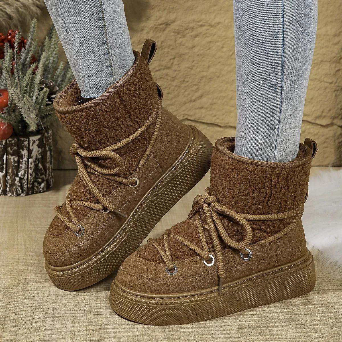 

Fashion Thick-soled Strap Snow Boots 2025 Autumn and Winter New Thickened Mid-tube Warm Cotton Boots Wholesale 43 коричневый