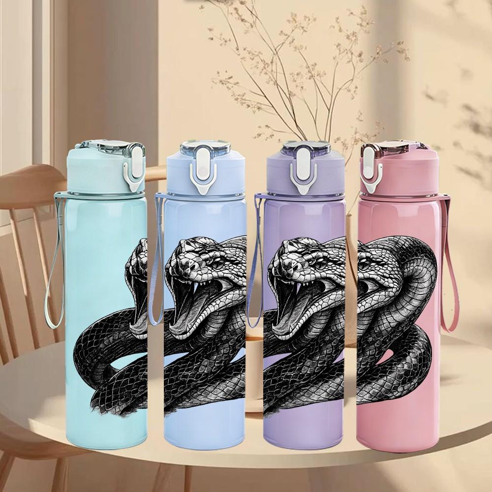 1PC Twisted Black Snake Animal Print 750ml Color Plastic Sports Water Bottle Leakproof Flip Straw Lid Suitable for Sports Office Home Use