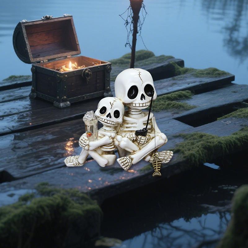 Fishing Skeleton Statue Halloween Decorations, 3.03 Inch Funny Sitting Skull Figurine Shelf Sitter Resin Sculpture For Outdoor