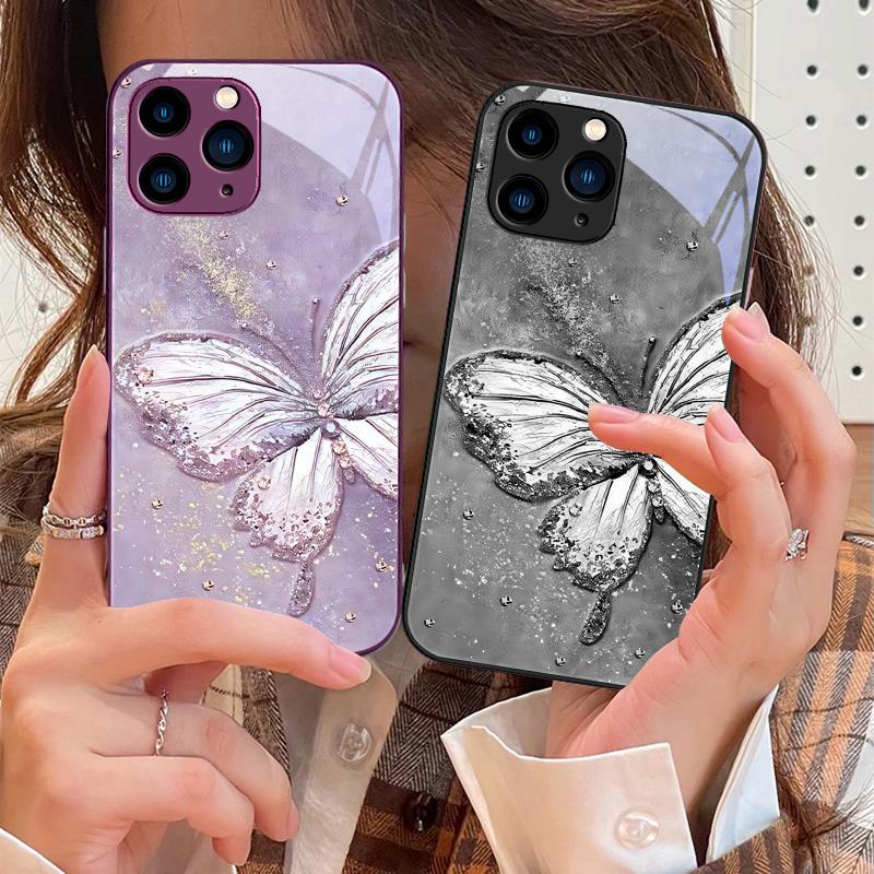 Fluture Curcubeu Verde Pentru IPhone 16 Pro Max 15 Pro 14 13 12 Mini 11 XS Max XR 7 8 Plus SE 2022 Carcasă Telefon din Sticlă Călită