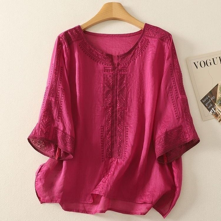 Baumwoll-Leinen-Stickerei V-Ausschnitt Kurzarm T-Shirt Damen Sommer Locker Dünn Mittellang Ärmel Literarisch Künstlerisch Stil Große Größe