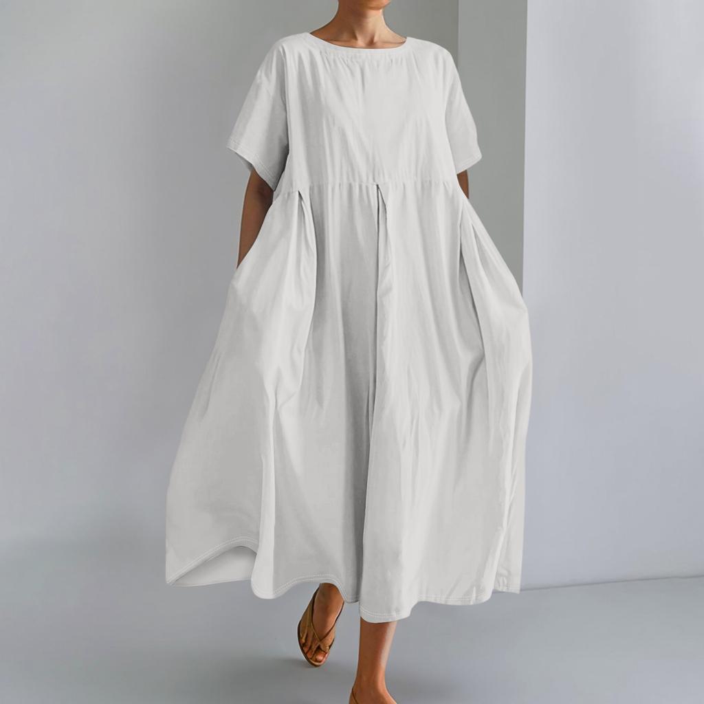 Women's  Color Fashionable Casual Cotton And Linen Loose Round Neck Short Sleeved Dress