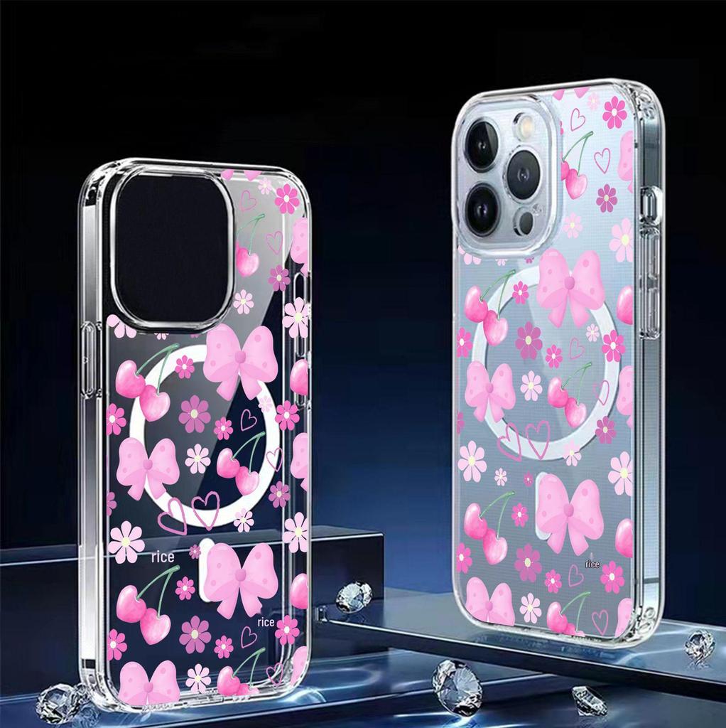 Pink Floral Magnetic Phone Case for iPhone 15/16/17 Pro Max - Transparent Full Coverage.