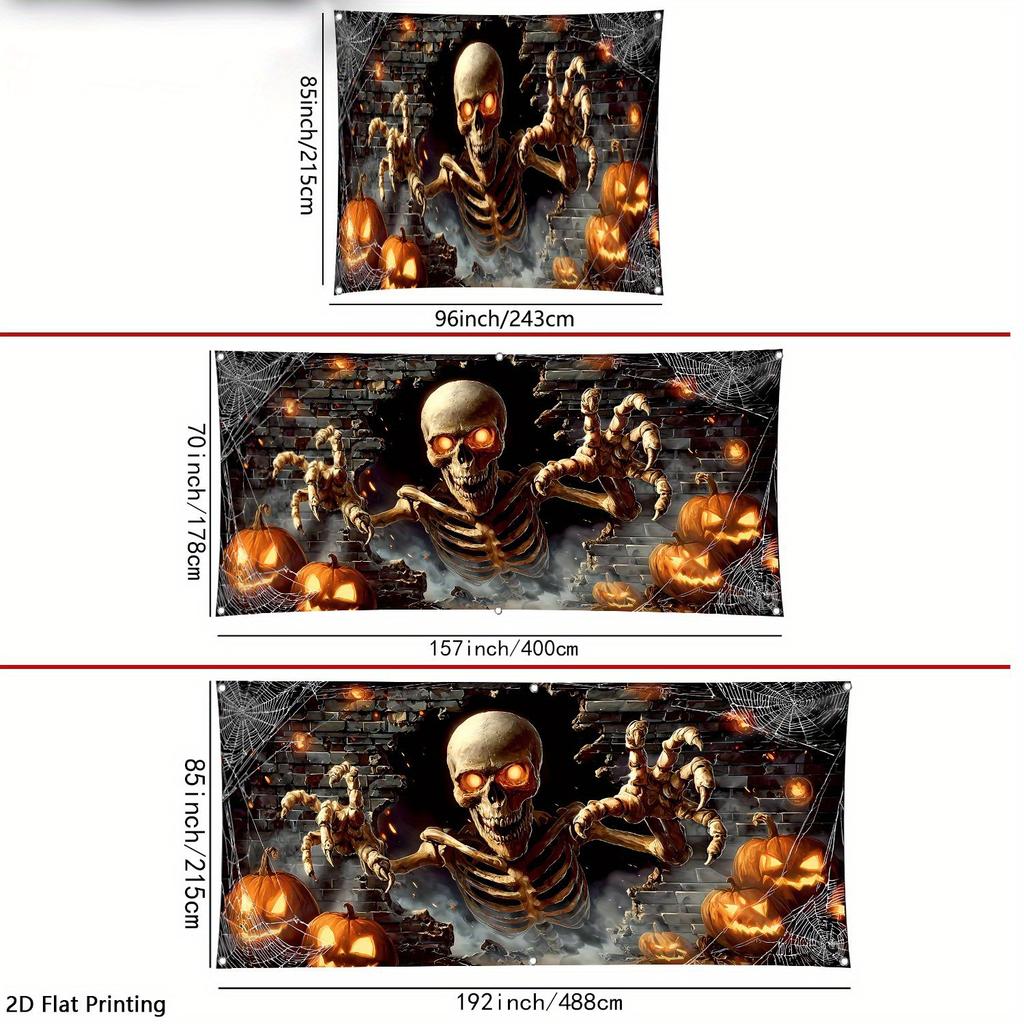 1pc Extra Large Halloween Garage Door Decoration - Scary Skull Breaking Through the Wall with Glowing Eyes, Spider Webs