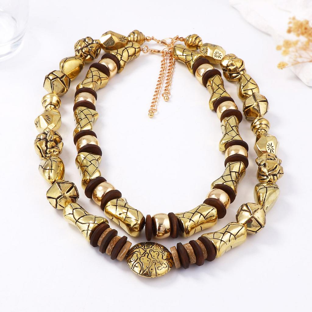 European and American Personality Vintage Maillard Geometric Unique Texture CCB Wood Beaded Double Layer Necklace Women