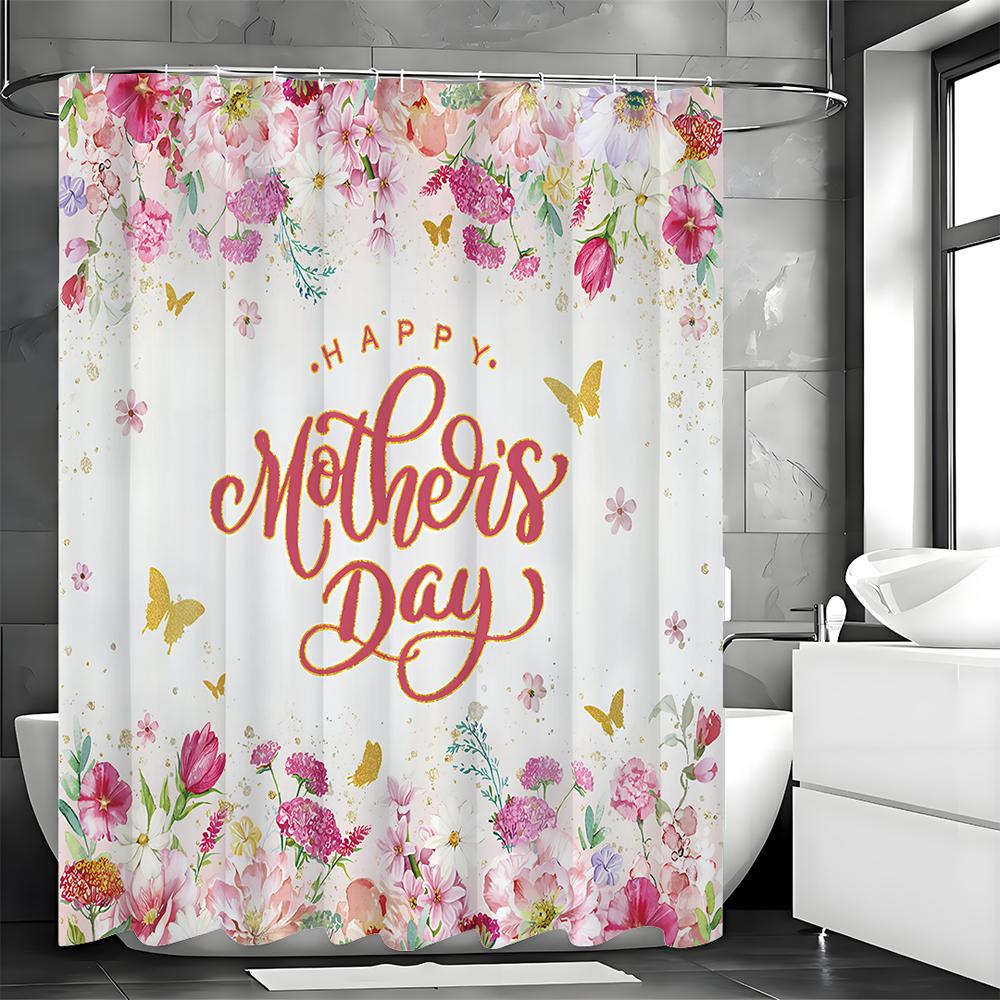 Mother's Day Floral Butterfly Shower Curtain, Bathroom Decorative Shower Curtain, Waterproof Shower Curtain with Hooks