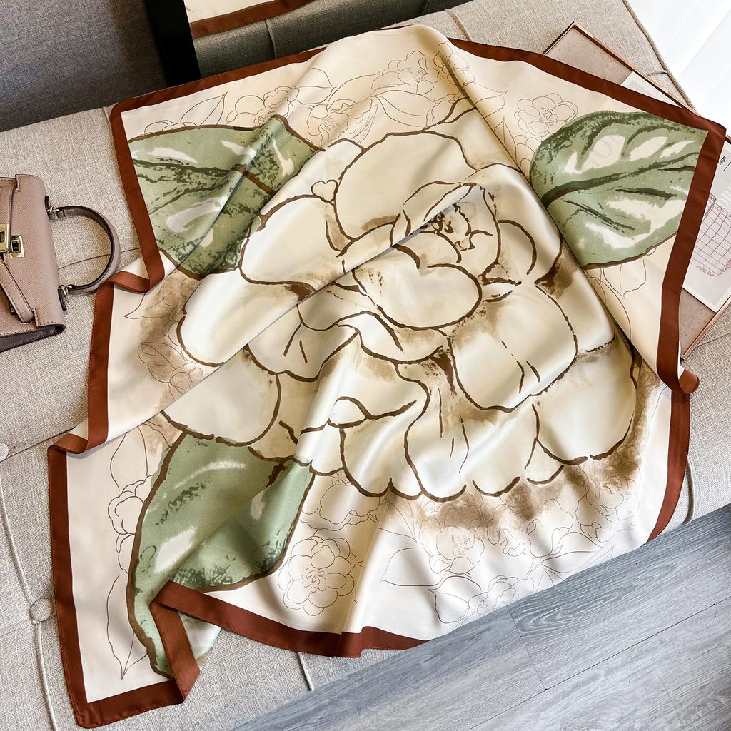 New Luxury Silk Shawl Camellia Scarf for Women Satin Hijab Fashion Wraps Neckerchief Female Hair Bands Ribbon Scarves Bandana