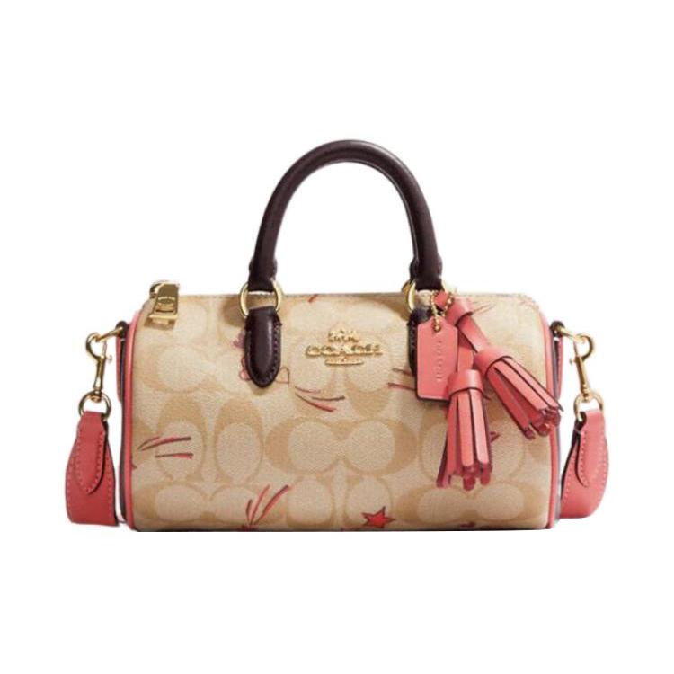 New COACH Lacey Canvas With Leather Boston Bag Handbag Shoulder Bag Crossbody Bag Small Size Women's Khaki & Pink CK562-IMOT4