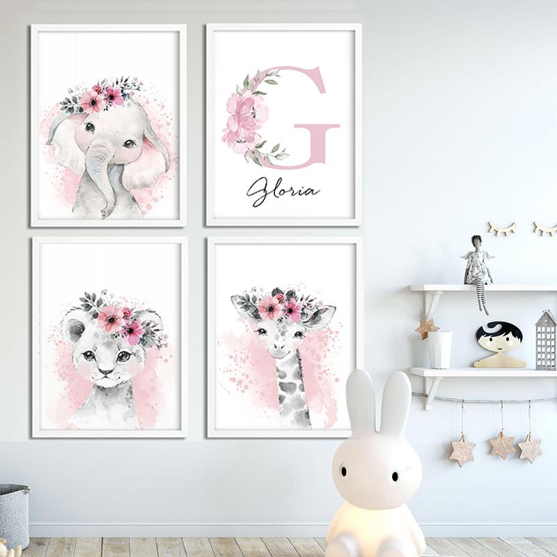 Benutzerdefiniertes Babynamen-Poster, personalisierbares Kinderzimmer, Wandkunst, Leinwandgemälde, Druck, rosa Blumentiere, Wandbilder für Mädchenschlafzimmer