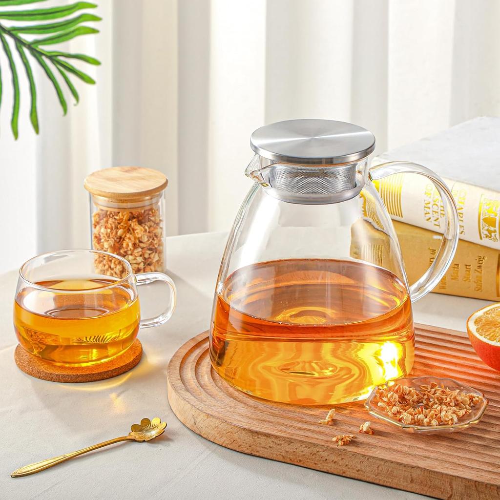 68OZ/2000ML One Touch Glass Teapot with Stainless Steel Filter Lid, Stovetop & Microwave Safe Tea Maker Water Kettle, Strainer & Cover 2 in 1 Loose