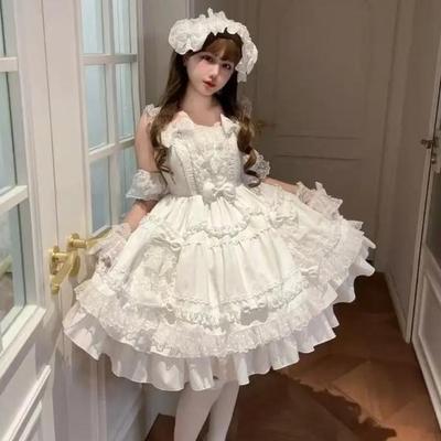 Rochie Lolita Dulce Alb Crem Volane Dantelă Prințesă JSK Fundiță Kawaii Rochie de Petrecere Amplă Set Elegant Victorian Lolita