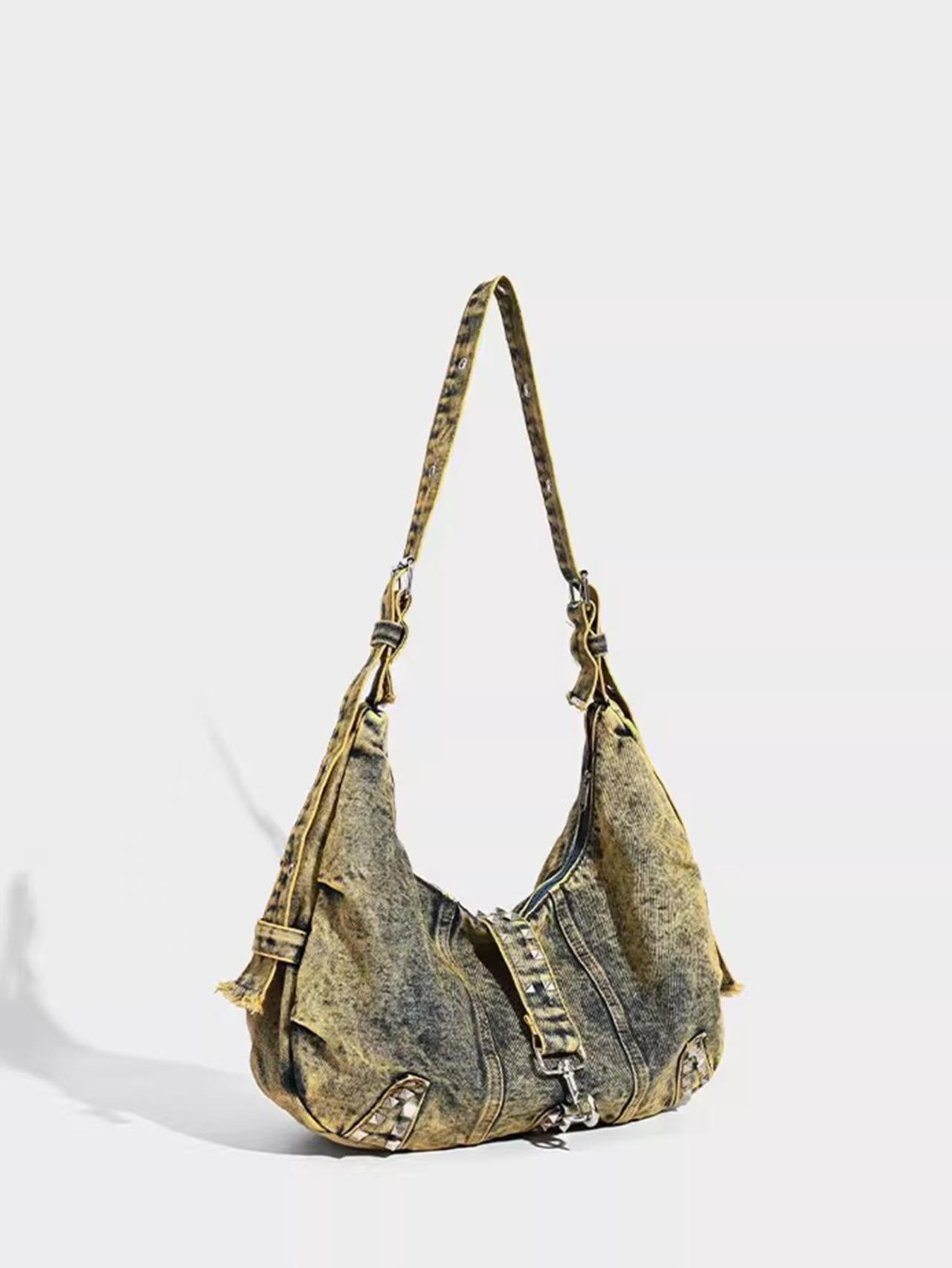 

Американська ретро-сумка-тоут з потертого деніму: Велика місткість, універсальна сумка через плече для щоденних поїздок та вуличних трендів жовтий