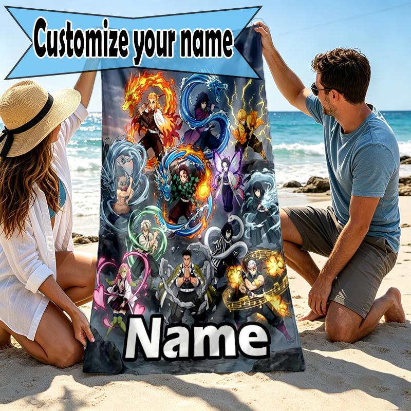 Custom Name Personalized Demon Slayer Print Beach Towel, for Trip Camping Beach Party Home Decor, Birthday Gift for Family & Friends