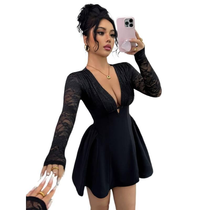 Women's Fashion Elegant Solid Color Lace Splicing V-Neck Long Sleeve Waist Long Sleeve Short Dress