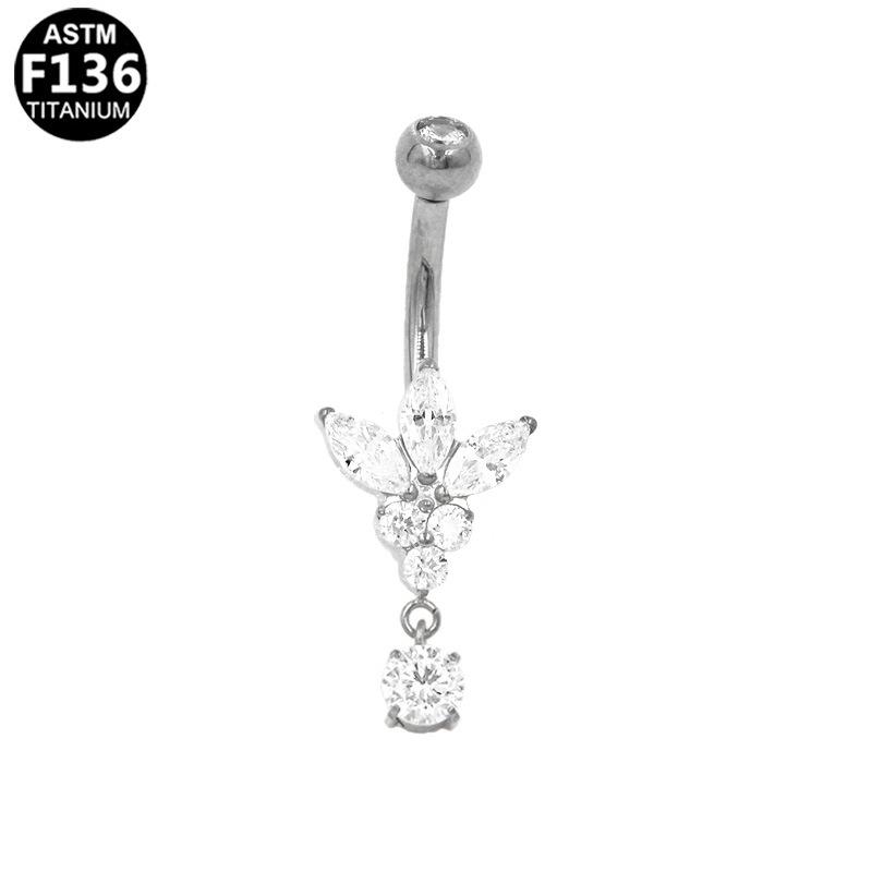 Butterfly Piercing Navel Ring: F136 Titanium Zircon-Inlaid Peach Heart Design