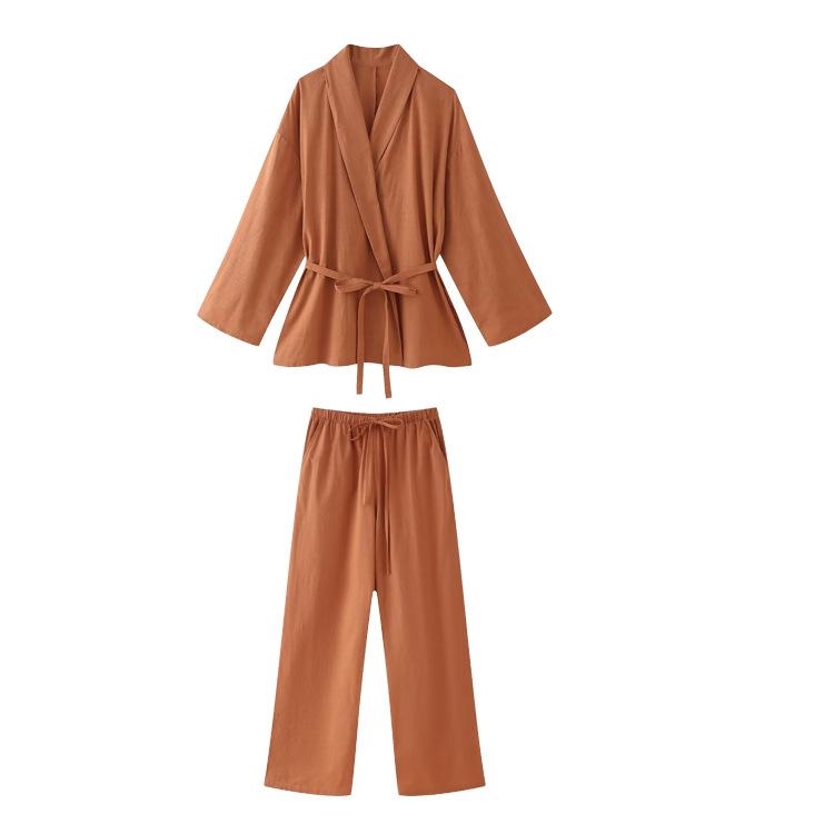 

Женский повседневный костюм с V-образным вырезом и завязкой на талии - Наряд со светло-хаки брюками широкого кроя XS