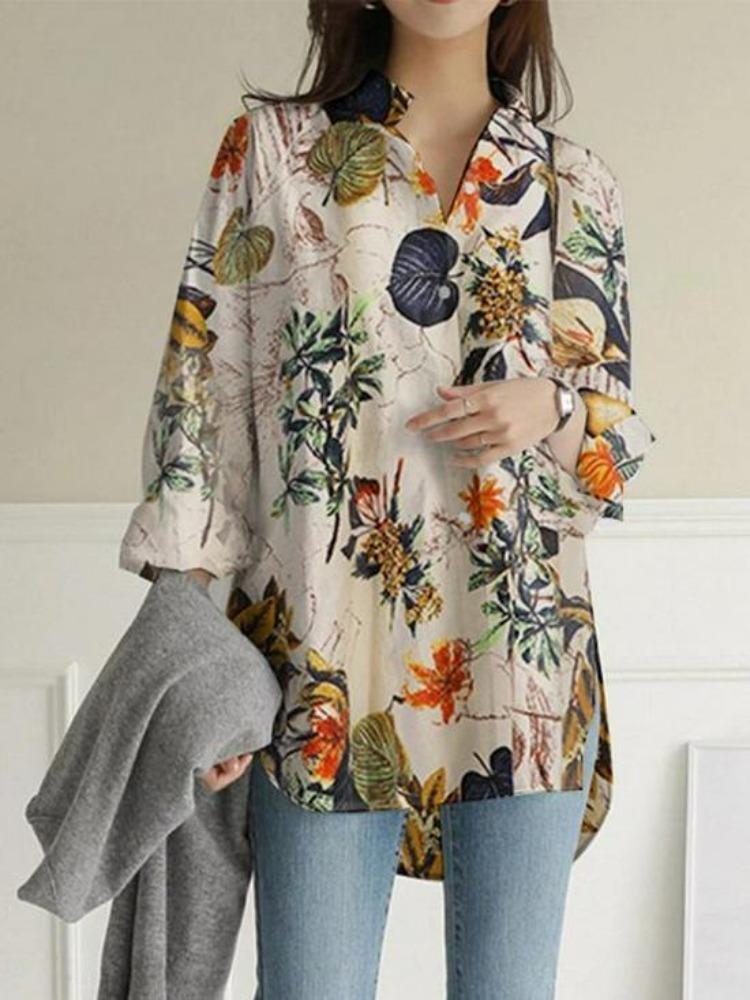 Comfortable Casual Loose Fit Blouse  Long Sleeve Printed Cotton Linen Top